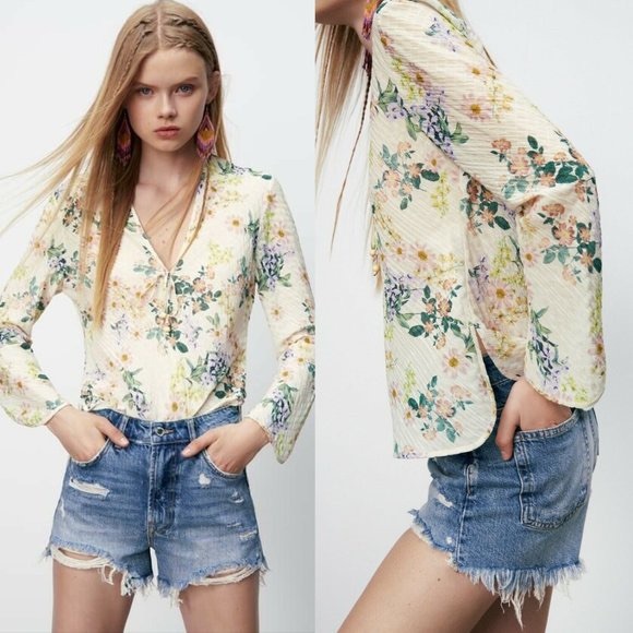 ZARA NWT Floral Structured Printed Blouse Cream Small - Picture 1 of 9